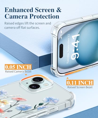 GVIEWIN for iPhone 15 Case Floral, with Screen Protector&Camera Lens Protector,[Non Yellowing] Soft Shockproof Clear Phone Protective Cover for Women, Flower Pattern Design 6.1" (Aconite/Light Blue) - Image 5
