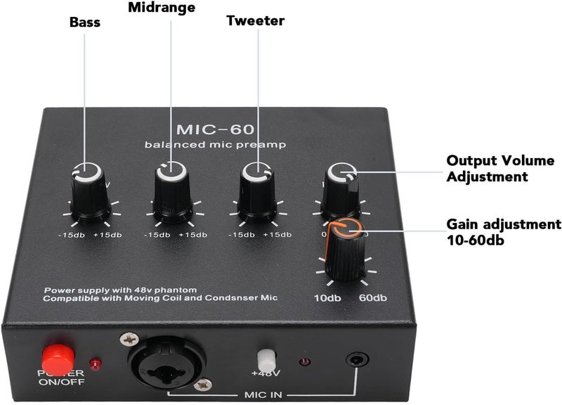 Microphone Preamp Gain Studio Quality for Vocal Recording, 48V Power Supply, XLR 3.5mm Outputs for Home Studios (With XLR Cable) - Image 3