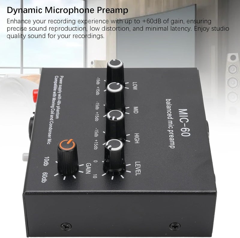 Microphone Preamp Gain Studio Quality for Vocal Recording, 48V Power Supply, XLR 3.5mm Outputs for Home Studios (With XLR Cable) - Image 4
