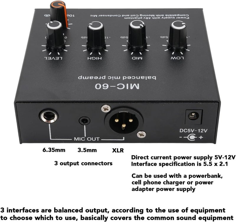 Microphone Preamp Gain Studio Quality for Vocal Recording, 48V Power Supply, XLR 3.5mm Outputs for Home Studios (With XLR Cable) - Image 5