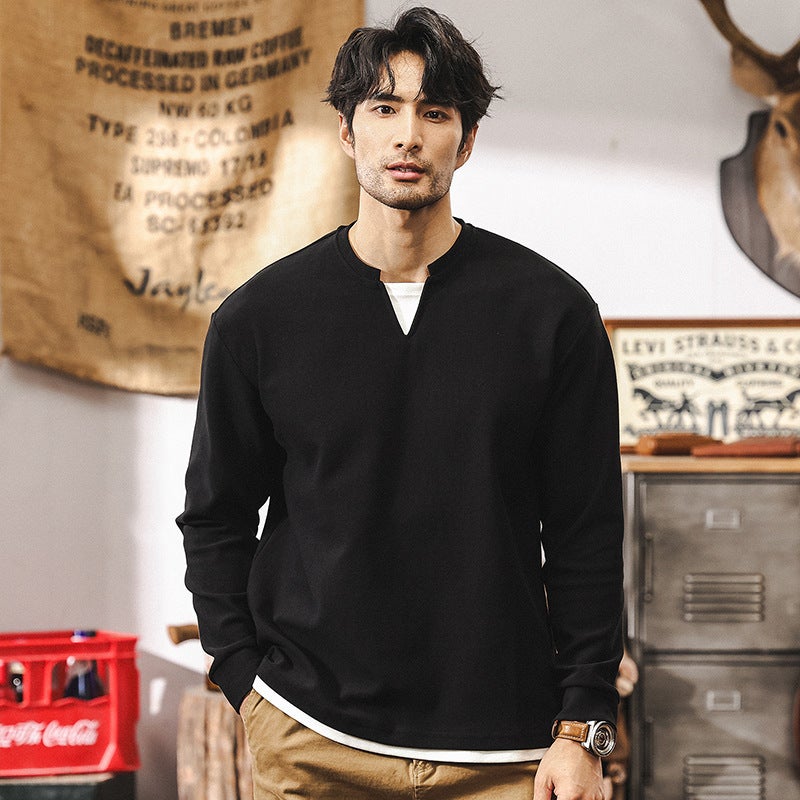 American Retro 360G Heavy Long Sleeve T-Shirt Men'S Autumn New Fashion Brand Double V-Neck Fake Two-Piece Loose Top Men'S - Image 2