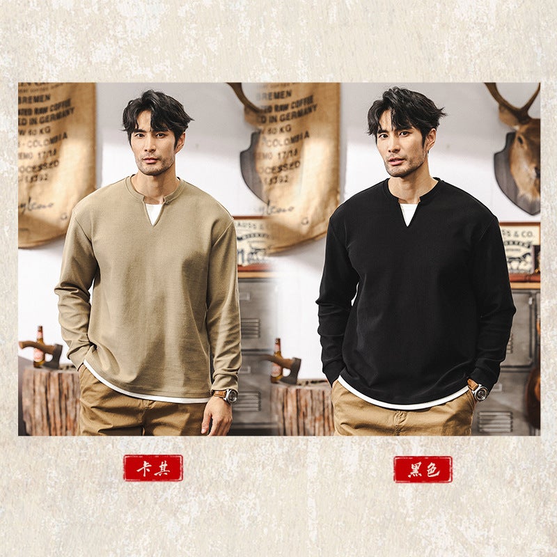 American Retro 360G Heavy Long Sleeve T-Shirt Men'S Autumn New Fashion Brand Double V-Neck Fake Two-Piece Loose Top Men'S - Image 4