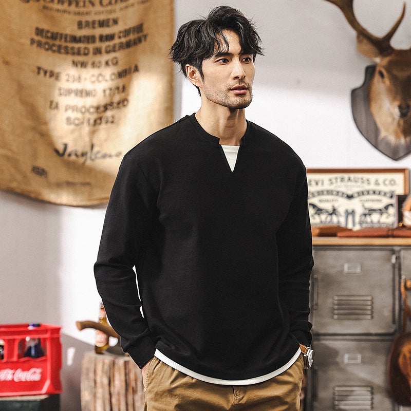 American Retro 360G Heavy Long Sleeve T-Shirt Men'S Autumn New Fashion Brand Double V-Neck Fake Two-Piece Loose Top Men'S - Image 3