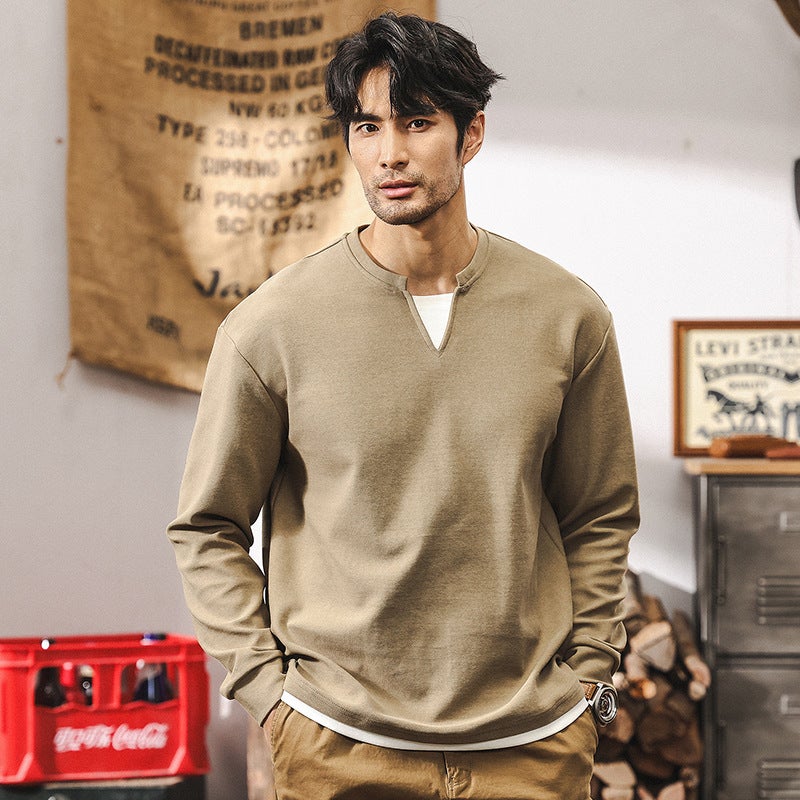 American Retro 360G Heavy Long Sleeve T-Shirt Men'S Autumn New Fashion Brand Double V-Neck Fake Two-Piece Loose Top Men'S - Image 1