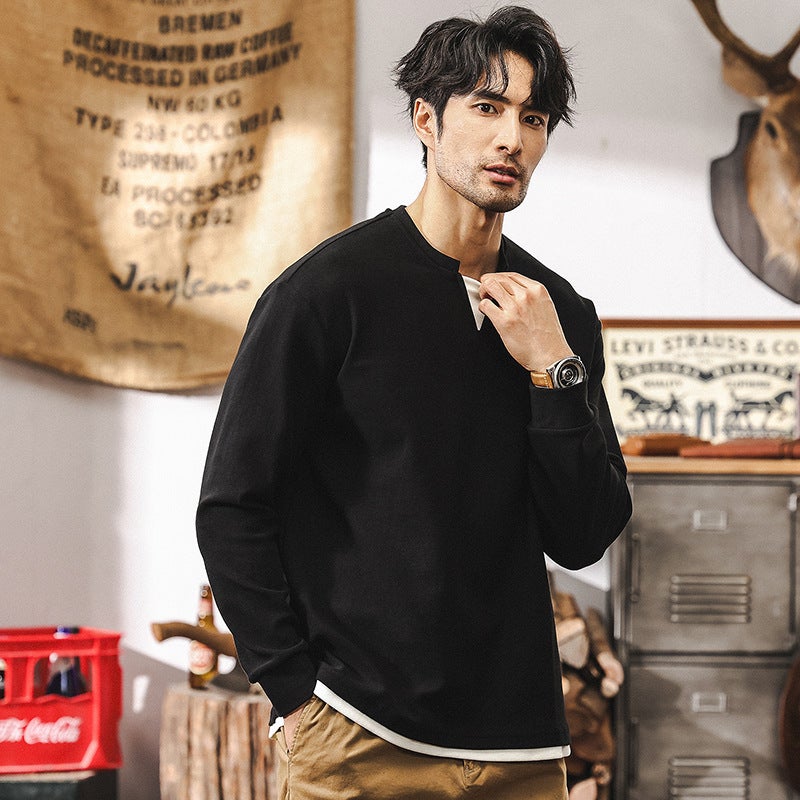 American Retro 360G Heavy Long Sleeve T-Shirt Men'S Autumn New Fashion Brand Double V-Neck Fake Two-Piece Loose Top Men'S - Image 5