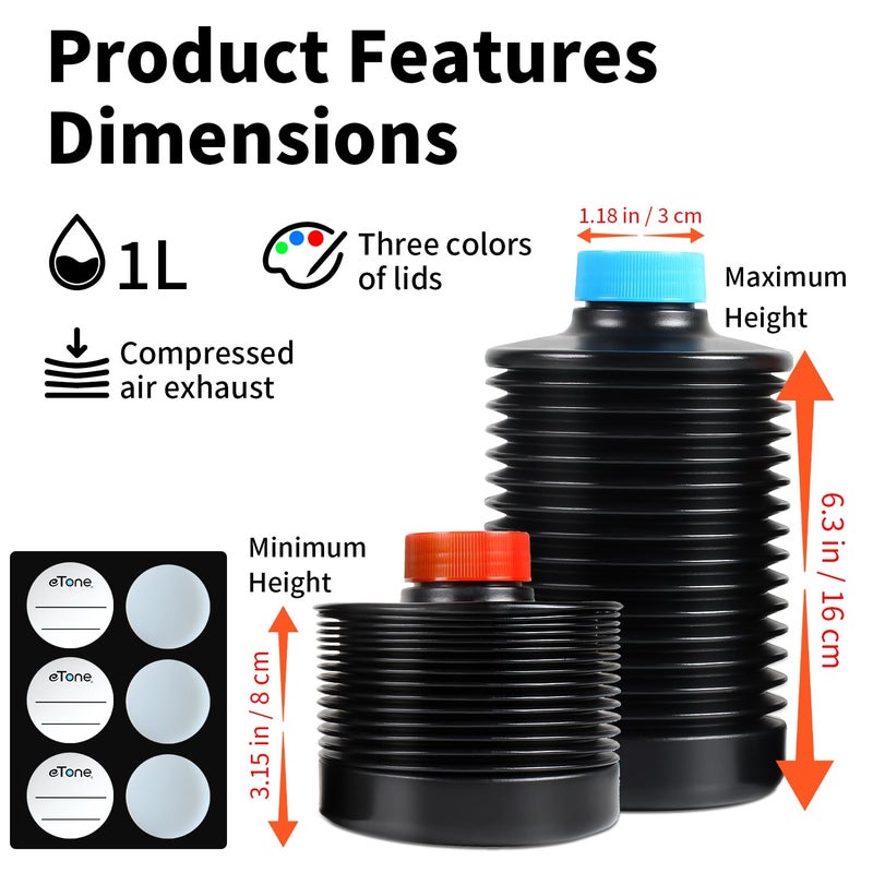 eTone 3X 1000ml Collapsible Darkroom Chemical Storage Bottles Foldable Liquid Container Film Photo Developing Processing Equipment Anti Oxidation Storage Laboratory Accessories - Image 5