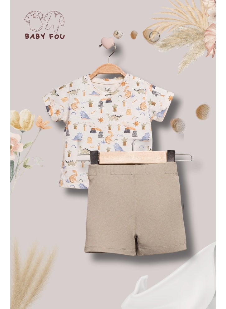 Baby Fou Baby Boys Clothes Set – Dinosaur Jungle Print T-Shirt and Shorts Outfit | Infant & Toddler Summer 2-Piece Cotton Clothing Set | Cute Baby Boy Outfit for Daily Wear, Playtime & Gifts (6–24 Months) - Image 1