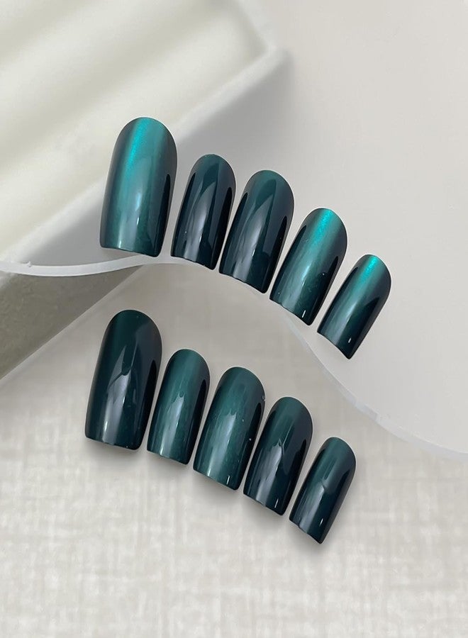 Amoji Dark Green Cat Eye Press On Nails，Glossy Emerald Shimmer Fake Nails，24Pcs Stick On Nails for Women - Image 2