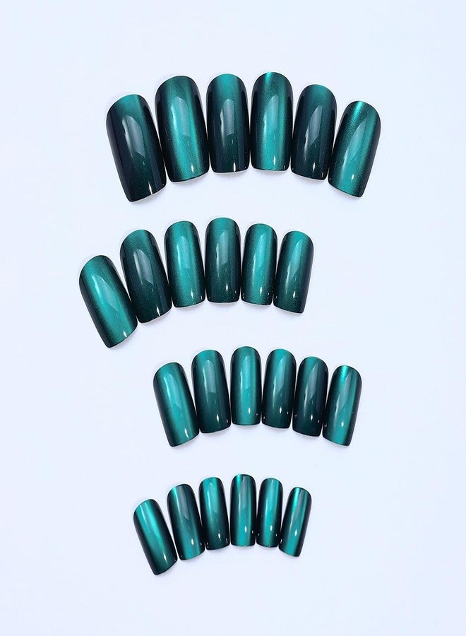Amoji Dark Green Cat Eye Press On Nails，Glossy Emerald Shimmer Fake Nails，24Pcs Stick On Nails for Women - Image 3