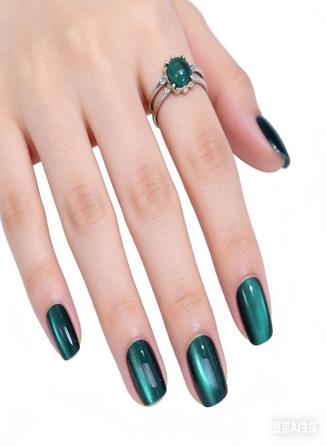 Amoji Dark Green Cat Eye Press On Nails，Glossy Emerald Shimmer Fake Nails，24Pcs Stick On Nails for Women - Image 1