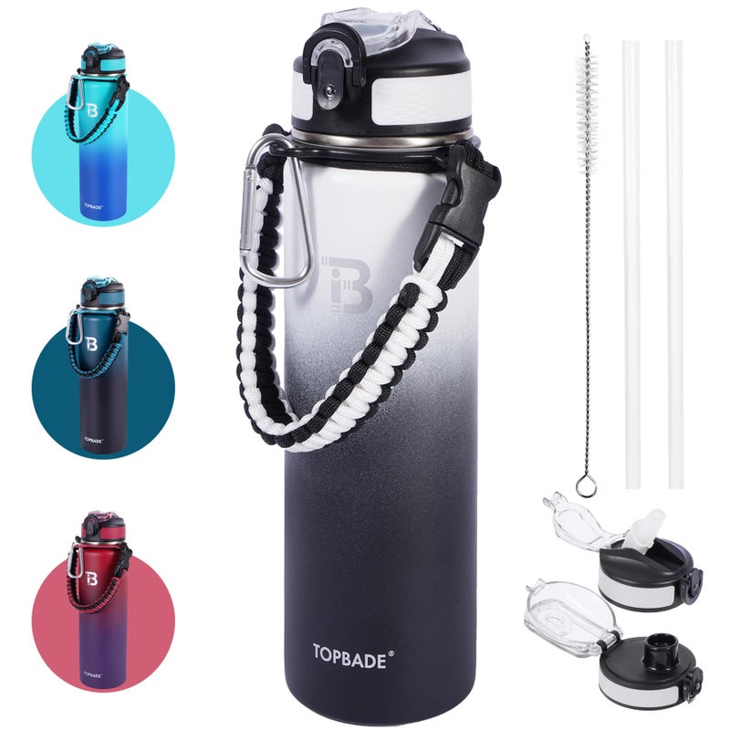 TOPBADE 24oz Insulated Sports Water Bottle with Straw & Spout Lid, Stainless Steel Water Bottle with Paracord Handle Leakproof BPA Free for gifts and school - Image 1