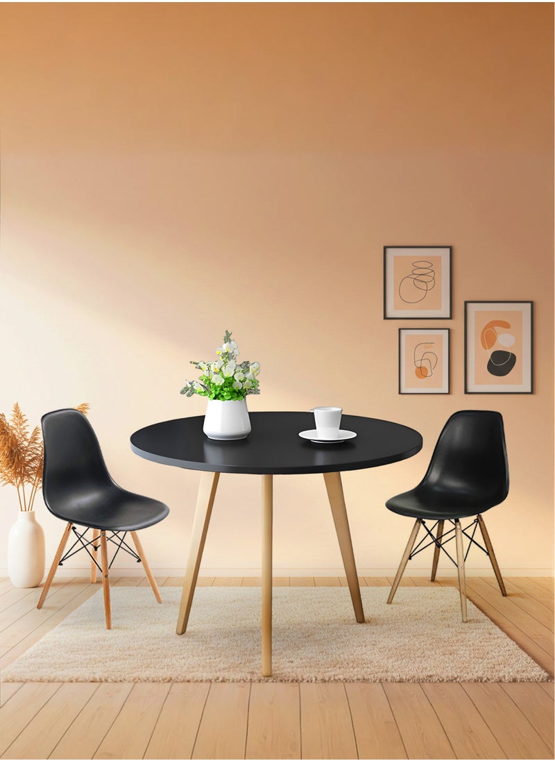 Taimi 3-Piece Dining Set,Modern Round Dining Table with 2 Elegant Chairs | Solid Black Wood Table 80x80x70cm with 2 Black Plastic Chairs and Wooden Legs  - Image 1