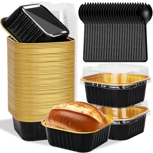 selizo 60 Pack 10oz Mini Disposable Cake Pans with Lids Aluminum Foil Square Baking Cups 44x44 Large Baking Cake Tins Cup Cake Containers with Lids for Individual Cakes Black
