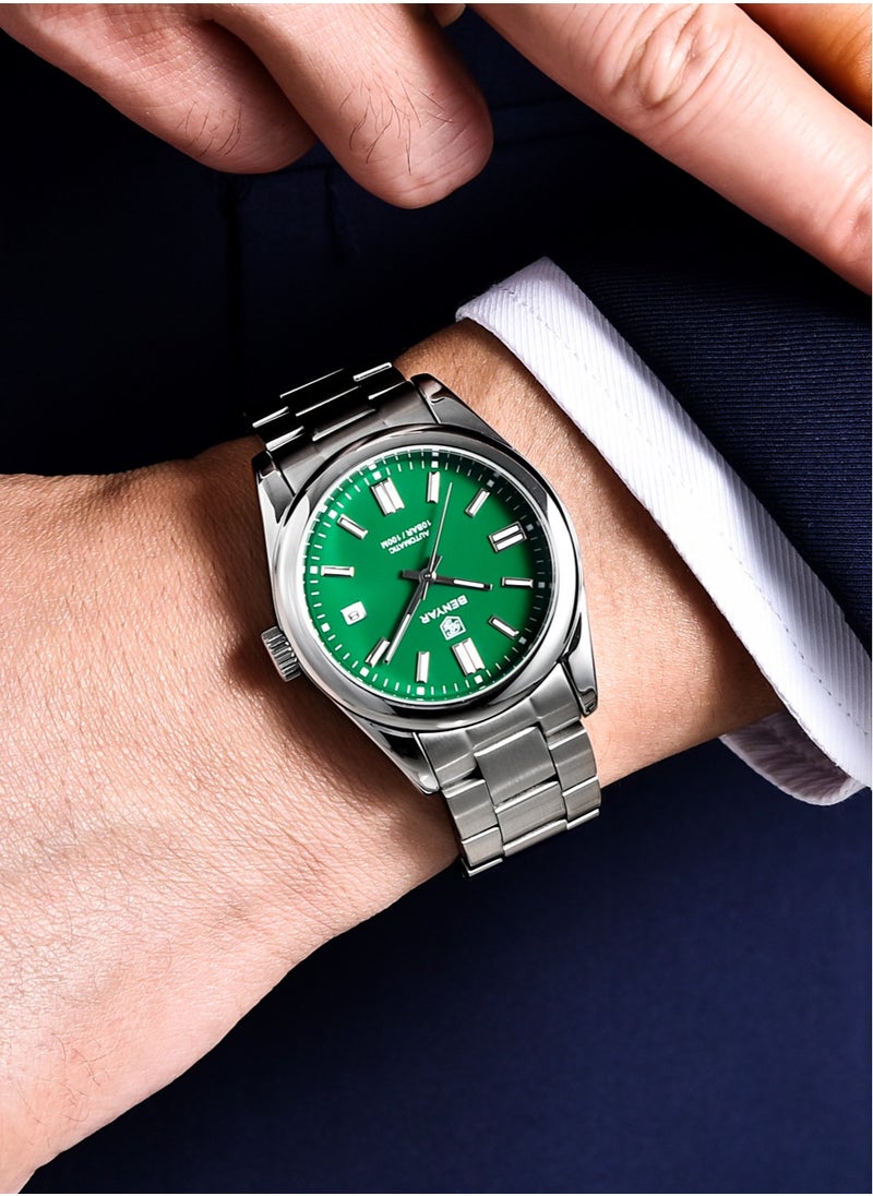 BENYAR Men's Fashion Automatic Mechanical Watches, 39MM Stainless Steel Waterproof Frame, Silver Green Dial, Luxurious Elegant, Silver Steel Band BY5185  - Image 2