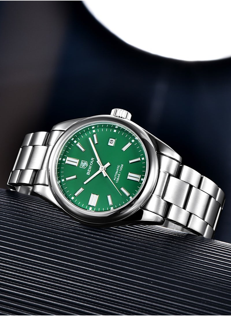 BENYAR Men's Fashion Automatic Mechanical Watches, 39MM Stainless Steel Waterproof Frame, Silver Green Dial, Luxurious Elegant, Silver Steel Band BY5185  - Image 4