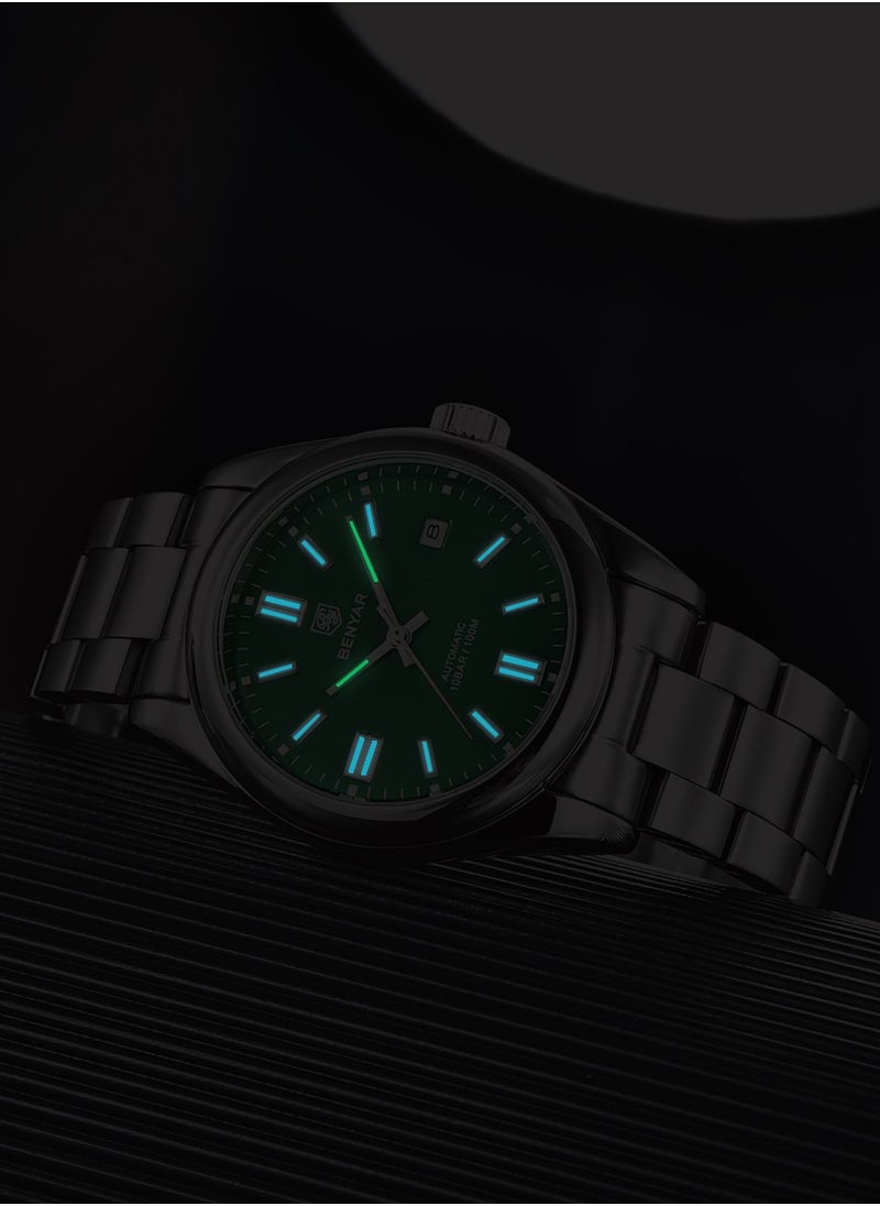 BENYAR Men's Fashion Automatic Mechanical Watches, 39MM Stainless Steel Waterproof Frame, Silver Green Dial, Luxurious Elegant, Silver Steel Band BY5185  - Image 5