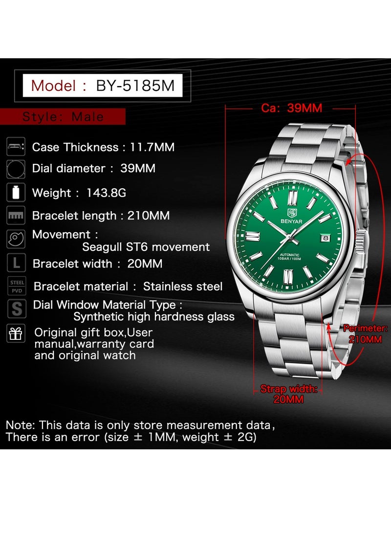 Men's Fashion Automatic Mechanical Watches, 39MM Stainless Steel Waterproof Frame, Silver Green Dial, Luxurious Elegant, Silver Steel Band BY5185