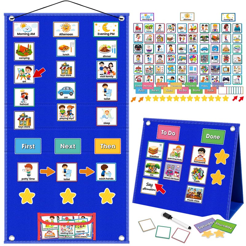 ALSLEA Large Visual Schedule for Kids with Autism Chore Chart for Kids Daily Routine Chart Autism Learning Materials Toddler Planning Board Visual Schedule for Classroom Home with 124 Cards Blue