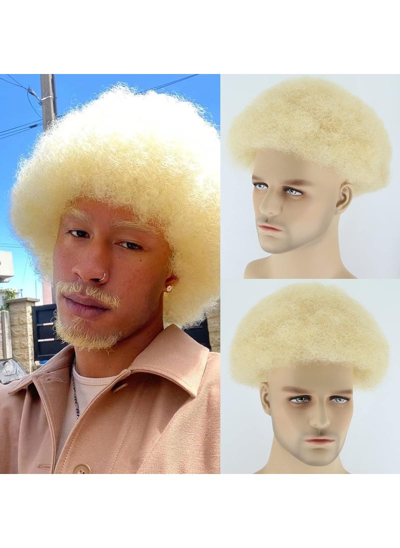 ZigZag Hair - ZigZag Hair Blonde 613 Mix Brown Mens Toupee Fluffy Afro Curly Short Hair Full Lace Mens Wig 8x10inch Brazilian Human Hair Tight Afro Curly Mens Hair Systems Hairpiece 613 Color Full Lace - Image 1