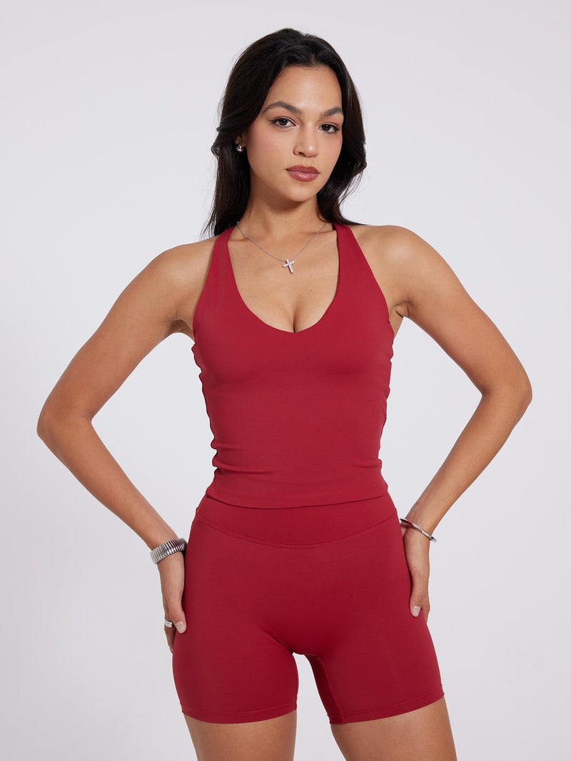 Danysu Sculpt Workout Tank Tops Women Longline Sports Bras Workout Tops for Women Light Support Strappy Padded Yoga Top V Neck Ruby Red XS - Image 5