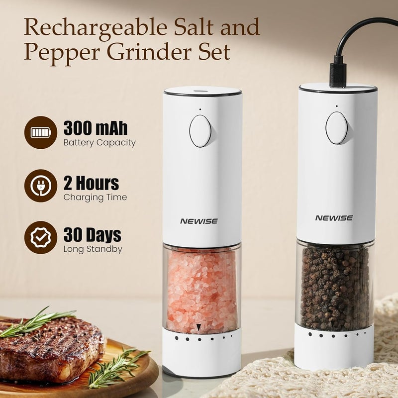 Newise Electric Salt and Pepper Grinder Set, Rechargeable with LED Lights, Stainless Steel Automatic Pepper & Salt Mill, Adjustable Coarseness, Large Capacity, White - Image 4