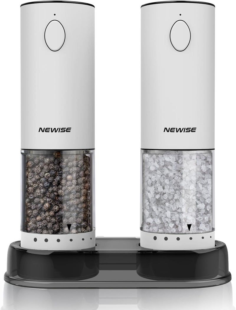 Newise Electric Salt and Pepper Grinder Set, Rechargeable with LED Lights, Stainless Steel Automatic Pepper & Salt Mill, Adjustable Coarseness, Large Capacity, White - Image 1