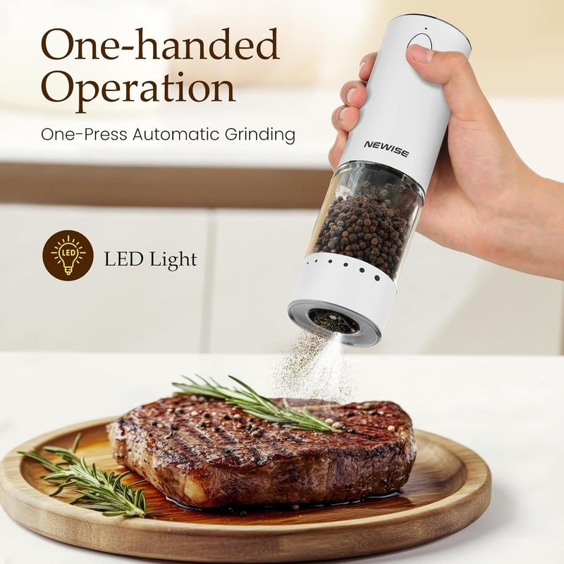 Newise Electric Salt and Pepper Grinder Set, Rechargeable with LED Lights, Stainless Steel Automatic Pepper & Salt Mill, Adjustable Coarseness, Large Capacity, White - Image 3