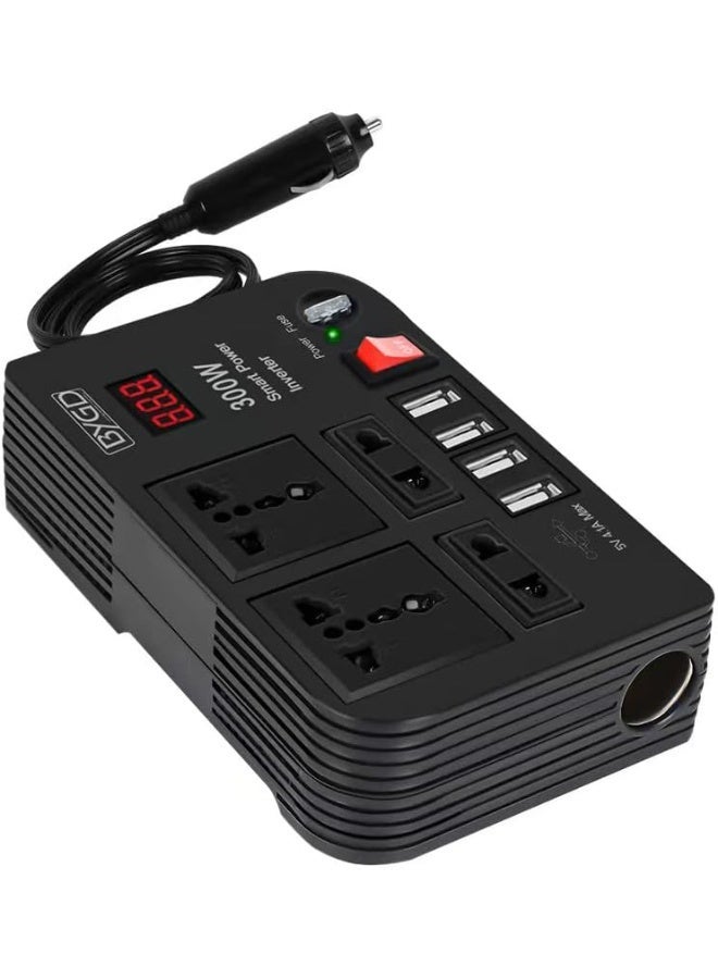 300W Car Power Inverter – Smart Power Converter with Dual AC Outlets & 4 USB Ports, 12V DC to 220V AC Adapter for Laptops, Mobiles & Devices