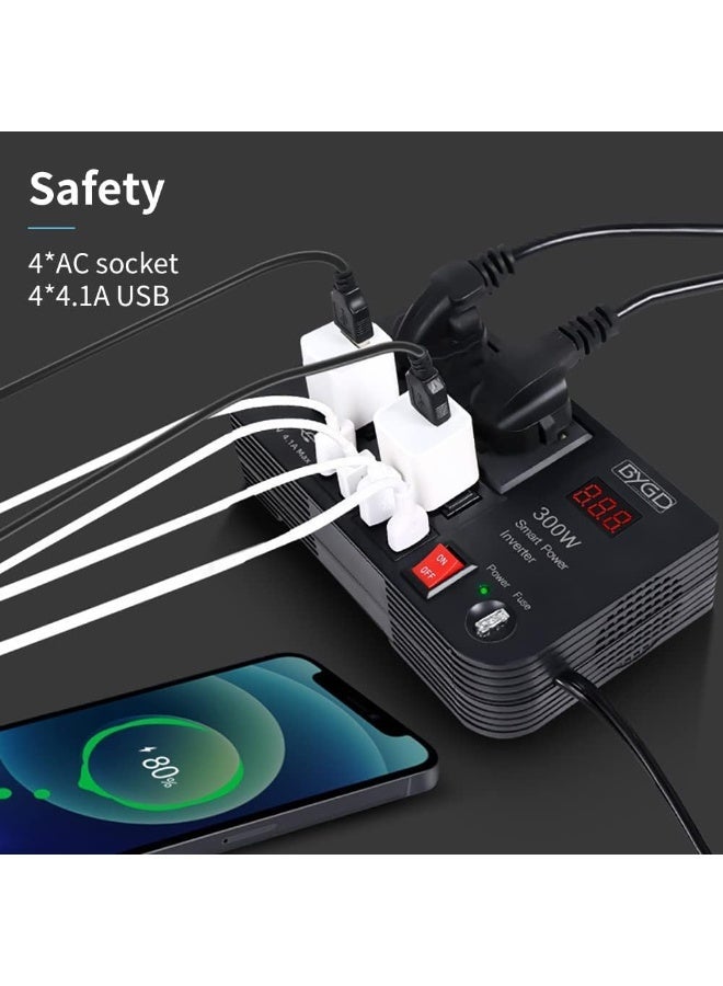 BYGD محول طاقة السيارة 300 واط – محول طاقة ذكي مع مخرجين AC مزدوجين و 4 منافذ USB، محول 12 فولت DC إلى 220 فولت AC لأجهزة اللابتوب والهواتف المحمولة والأجهزة - Image 4