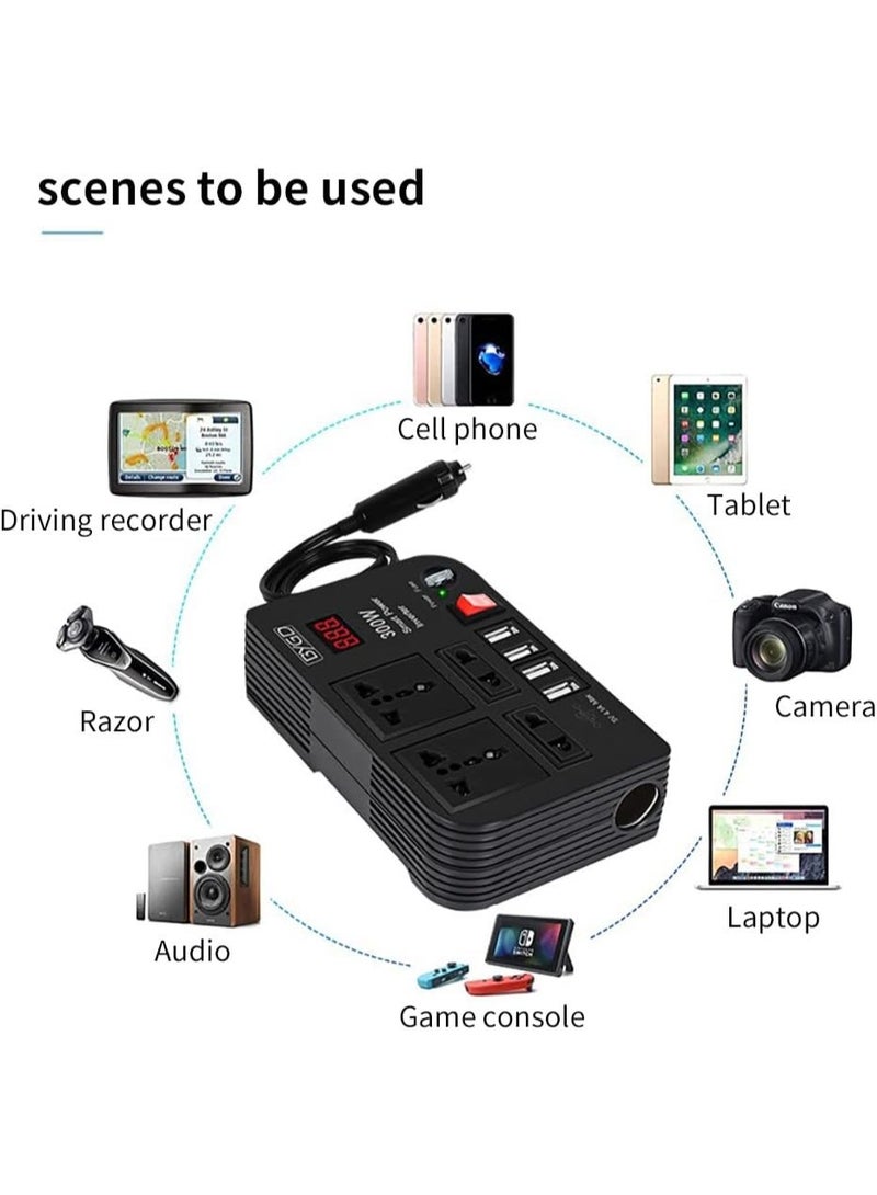 BYGD محول طاقة السيارة 300 واط – محول طاقة ذكي مع مخرجين AC مزدوجين و 4 منافذ USB، محول 12 فولت DC إلى 220 فولت AC لأجهزة اللابتوب والهواتف المحمولة والأجهزة - Image 2