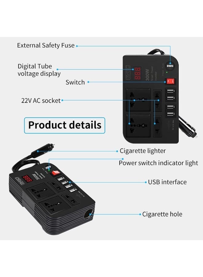 BYGD محول طاقة السيارة 300 واط – محول طاقة ذكي مع مخرجين AC مزدوجين و 4 منافذ USB، محول 12 فولت DC إلى 220 فولت AC لأجهزة اللابتوب والهواتف المحمولة والأجهزة - Image 3