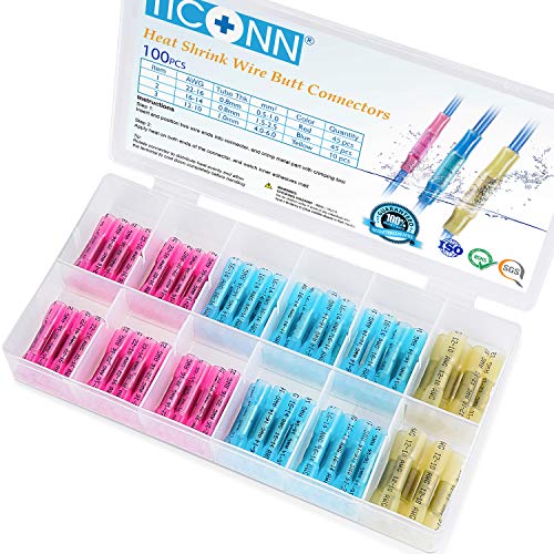 TICONN 100PCS Heat Shrink Butt Wire Connector Kit, Insulated Waterproof Electrical Wire Crimp Terminals Butt Splice for Marine Automotive (100PCS) - Image 1