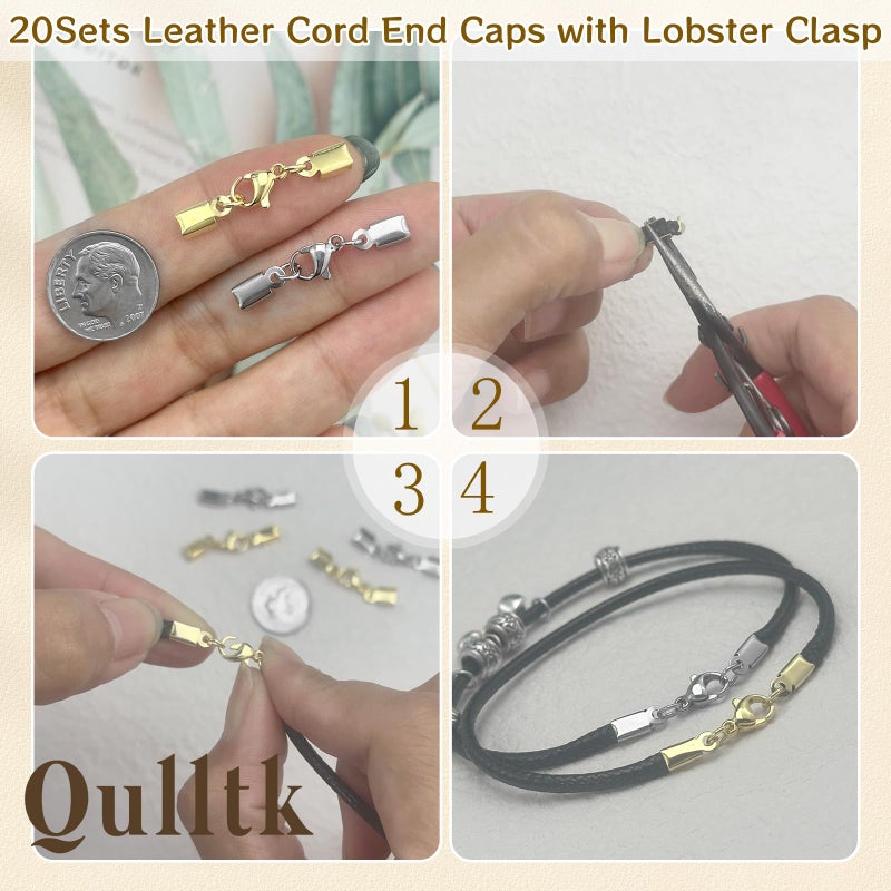 Qulltk 20Sets Cord End Caps with Lobster Clasp Connector,316 Stainless Steel Cord Ends for Jewelry Making Leather Necklace Cord with Clasp 3MM ID End Caps for DIY Bracelets Necklaces - Image 3