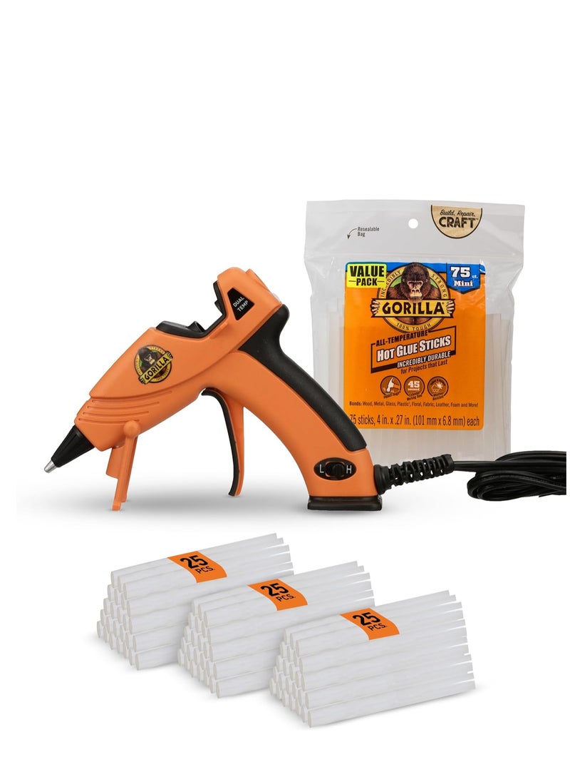 Gorilla Dual Temp Mini Hot Glue Gun Kit with 75 Hot Glue Sticks, Precision Nozzle, and Easy Squeeze Trigger, for DIY, Craft, Repairs, and More, Orange (Combo Pack:1 Mini Gun, 75 Glue Sticks)