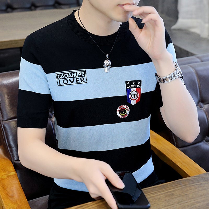 High-End Ice Silk Men'S Short-Sleeved T-Shirt Summer Fashion Knitted Half-Sleeved Casual Handsome All-Match Top Men'S T-Shirt - Image 2