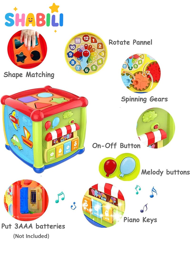شبيلي مكعب أنشطة للأطفال ٦ في ١، لعبة تعليمية مع موسيقى وضوء وامض، فرز الأشكال والحروف الأبجدية، لعبة تنمّي مهارات العلوم والتقنية والهندسة والرياضيات، للأولاد والبنات بعمر ١٨ شهرًا فأكثر، هدية عيد ميلاد مثالية (يتطلب ٣ بطاريات AAA غير مشمولة) (متعدد الألوان) - Image 2