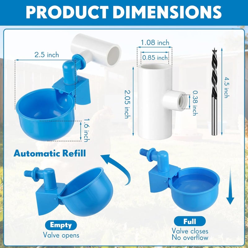 LemonRoad 30 Set Automatic Chicken Waterer Cups with 1/2" PVC Tee Fitting Chicken Drinking Bowl, Poultry Drinker Mounting Hole Opener,Water Dispenser Feeder for Duck, Goose, Turkey, Pigeon(Blue Black) - Image 2