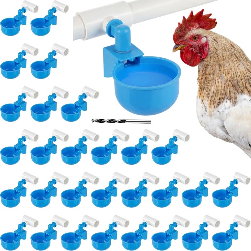 LemonRoad 30 Set Automatic Chicken Waterer Cups with 1/2" PVC Tee Fitting Chicken Drinking Bowl, Poultry Drinker Mounting Hole Opener,Water Dispenser Feeder for Duck, Goose, Turkey, Pigeon(Blue Black) - Image 1