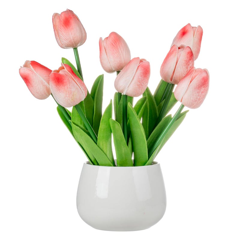 MyGift Realistic Artificial Pink Tulips in White Ceramic Vase â€“ Faux Tulip Flower Arrangement for Home & Office Decor, Potted Tabletop Fake Plants in Round Ceramic Planter, Elegant Spring Decor - Image 1
