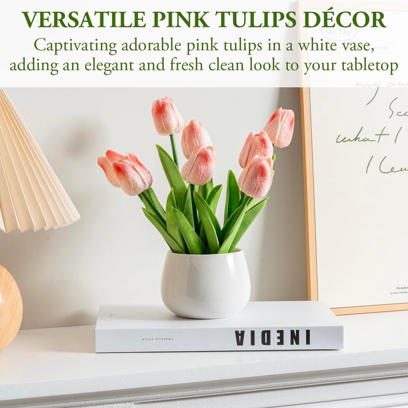 MyGift Realistic Artificial Pink Tulips in White Ceramic Vase â€“ Faux Tulip Flower Arrangement for Home & Office Decor, Potted Tabletop Fake Plants in Round Ceramic Planter, Elegant Spring Decor - Image 2