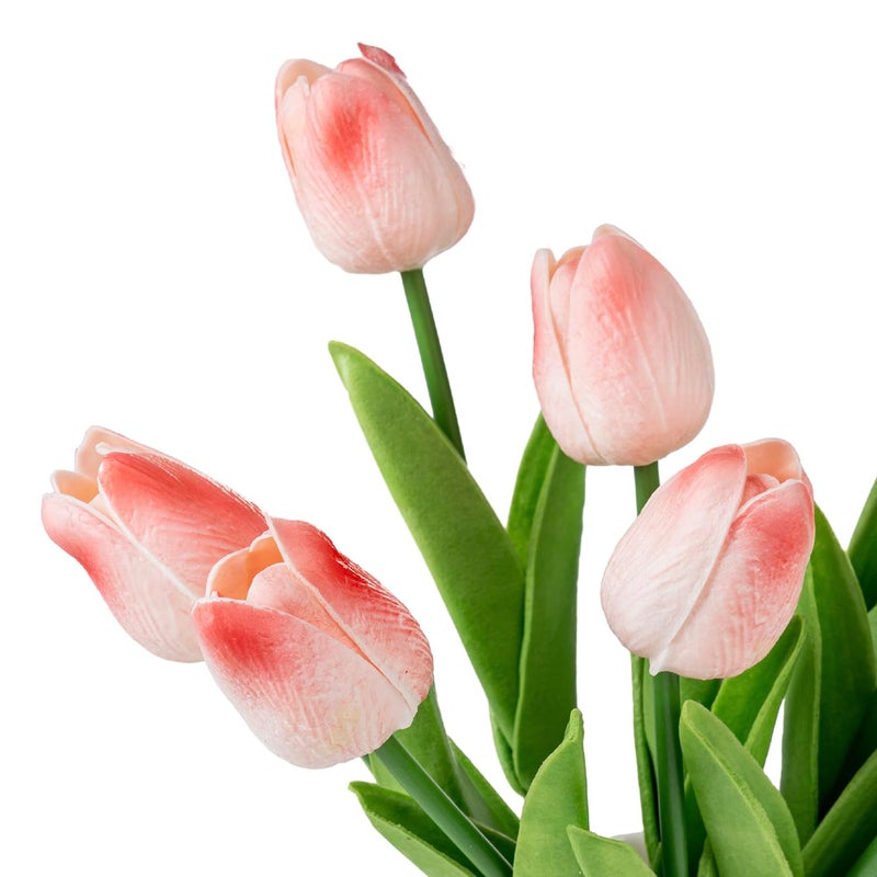 MyGift Realistic Artificial Pink Tulips in White Ceramic Vase â€“ Faux Tulip Flower Arrangement for Home & Office Decor, Potted Tabletop Fake Plants in Round Ceramic Planter, Elegant Spring Decor - Image 5