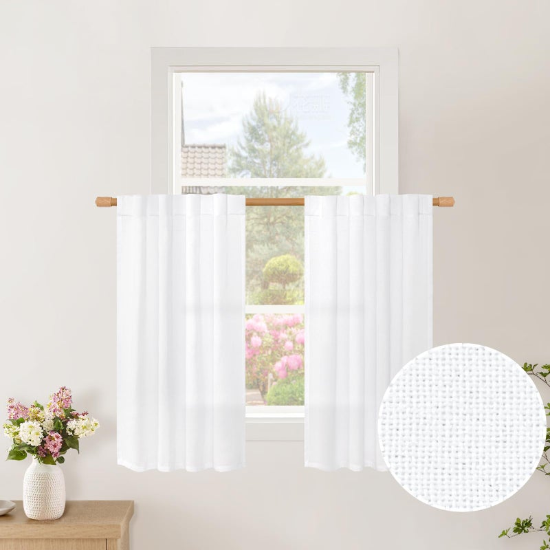 BGment Short White Linen Curtains 36 Inch Length for Kitchen Cafe  Rod Pocket Half Window Drapes Light Filtering for Bathroom Ring Clips Decorative  34 Inch Wide Each Panel - Image 1