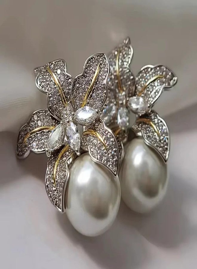 El Regalo Womens Gorgeous Flower Imitation Pearl Earrings- Vintage, Elegant Flower Pearl Inlaid Sparkling CZ Stone Fashion Wedding Jewelry - Image 5