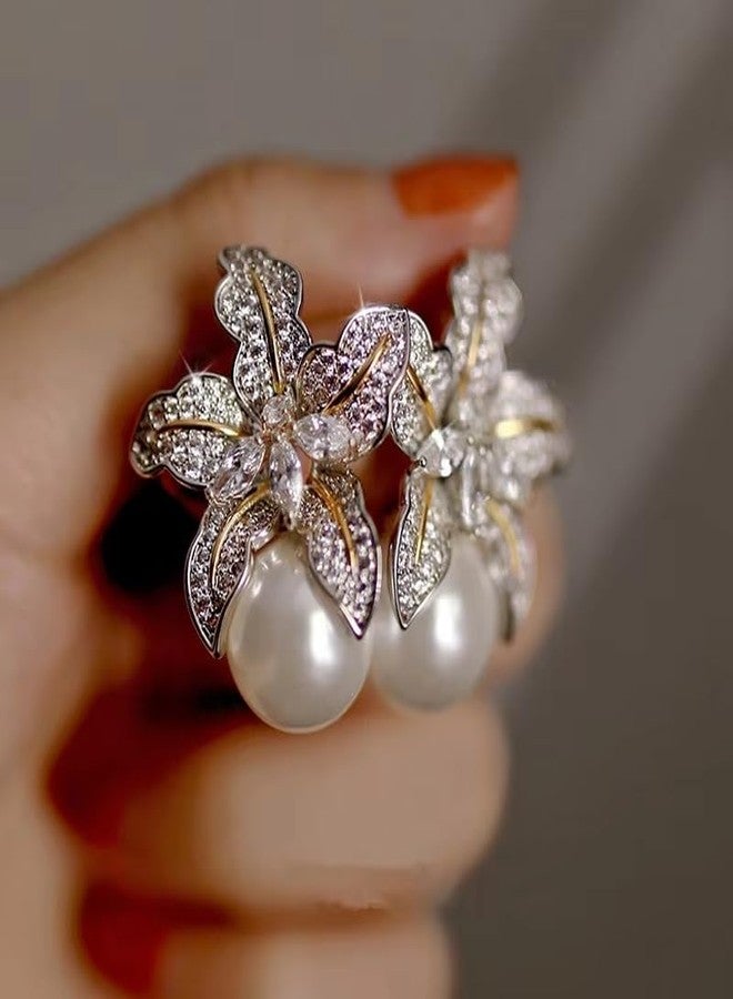 El Regalo Womens Gorgeous Flower Imitation Pearl Earrings- Vintage, Elegant Flower Pearl Inlaid Sparkling CZ Stone Fashion Wedding Jewelry - Image 3