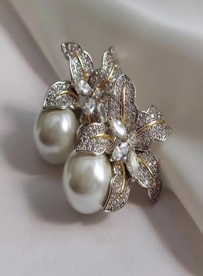 El Regalo Womens Gorgeous Flower Imitation Pearl Earrings- Vintage, Elegant Flower Pearl Inlaid Sparkling CZ Stone Fashion Wedding Jewelry - Image 2