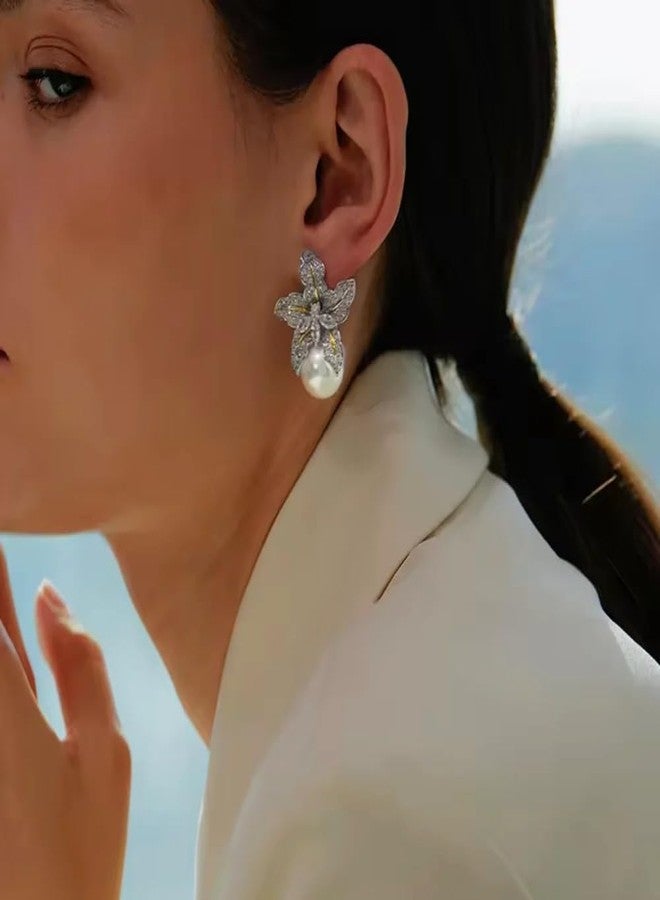 El Regalo Womens Gorgeous Flower Imitation Pearl Earrings- Vintage, Elegant Flower Pearl Inlaid Sparkling CZ Stone Fashion Wedding Jewelry - Image 4
