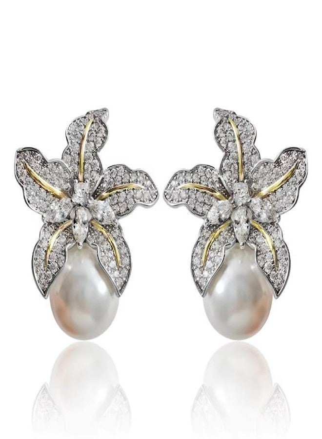 El Regalo Womens Gorgeous Flower Imitation Pearl Earrings- Vintage, Elegant Flower Pearl Inlaid Sparkling CZ Stone Fashion Wedding Jewelry - Image 1