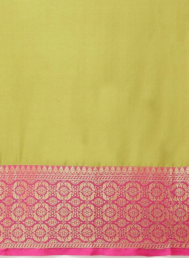 ISHIN Green Solid Zari Border Saree
