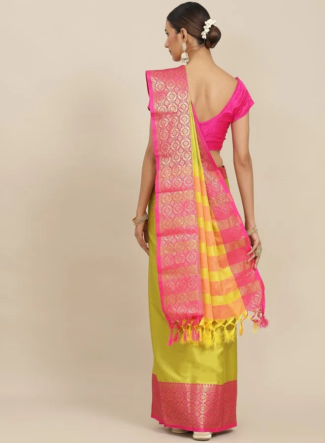 ISHIN Green Solid Zari Border Saree
