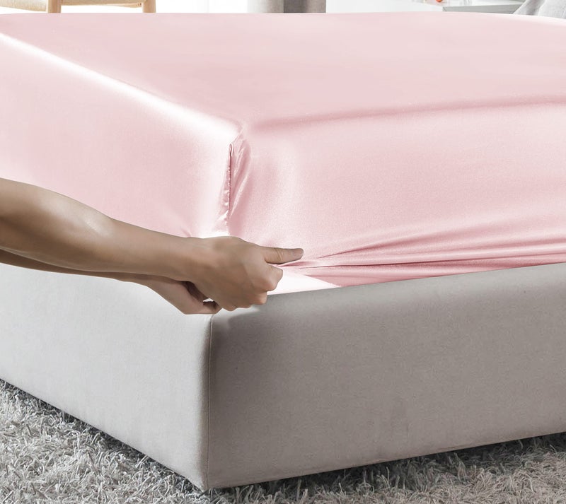 MILVOWOC King Satin Fitted Sheet - Pale Pink  Soft Bottom  1 Piece - Image 4